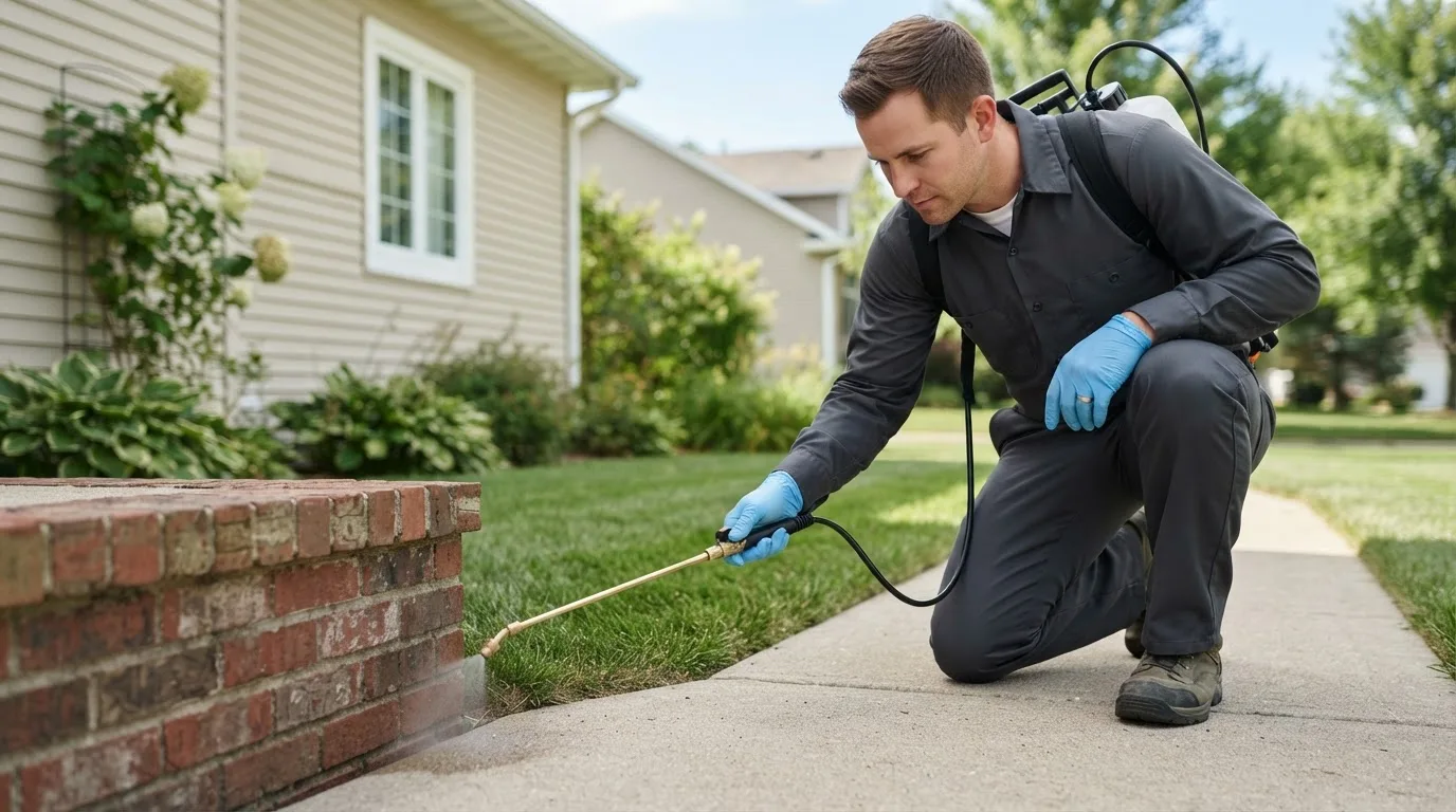 Pest control technician treating a home near Nottingham, MD